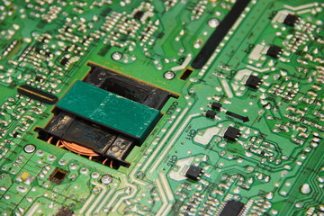 TV PC green circuit Board (PCB) -electronics repair, macro