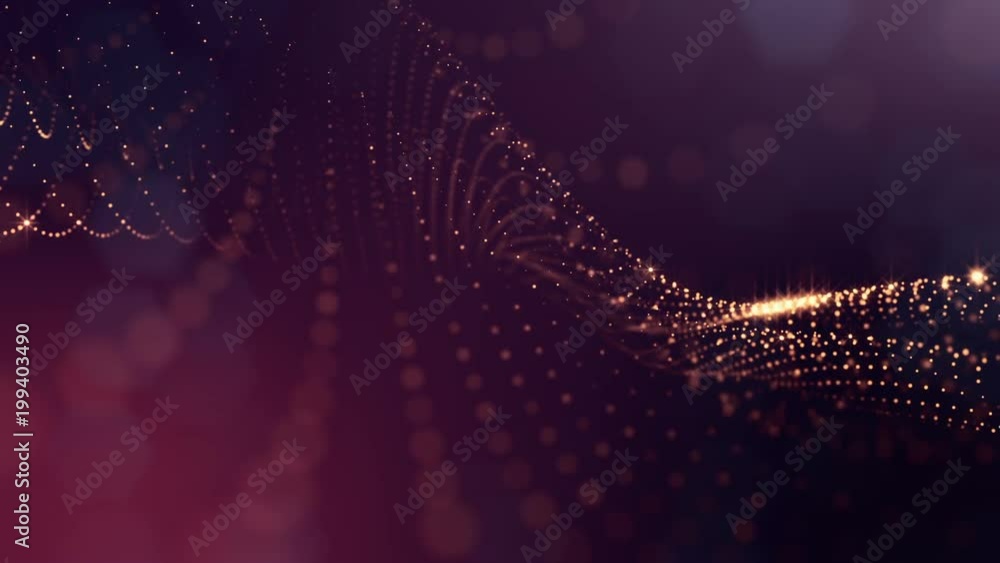 Poster virtual space with depth of field. looped holographic background with particles form lines, surfaces