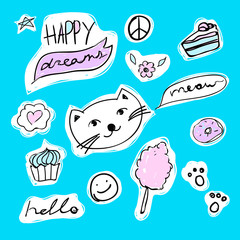 Set of fashion stickers with unicorn, heart, ice-cream and star. Vector cartoon illustration with rainbow and diamond. Cupcake.