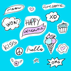 Set of fashion text stickers with lettering - happy dreams, hello, meow, wow and kiss. Ice-cream and cupcake with xo.