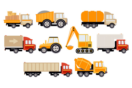 Construction and cargo transport big set, equipment for building and trucks vector illustration