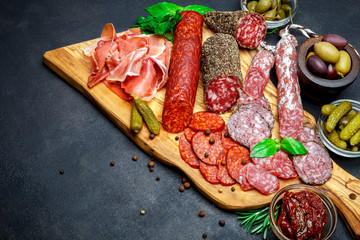 Set of traditional Italian meat snack. Salami, prosciutto, olives, capers