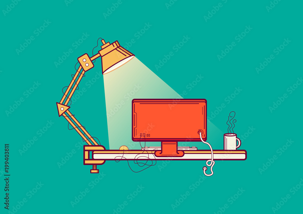 Aufkleber workplace of the programmer. perform computer repair work. vector illustration