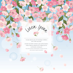 Vector illustration of a beautiful floral frame with cherry blossom in spring for Wedding, anniversary, birthday and party. Design for banner, poster, card, invitation and scrapbook