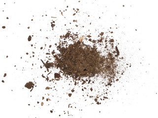 Pile of soil, dirt isolated on white background, top view