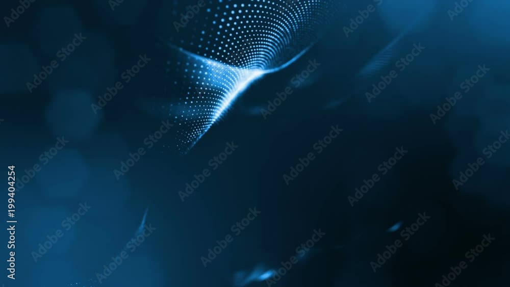 Poster virtual space with depth of field. looped holographic background with particles form lines, surfaces