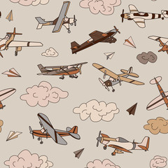 Retro planes in different trendy colors seamless pattern. Flat design illustration. Good colors. Very easy to edit. © taisiyakozorez