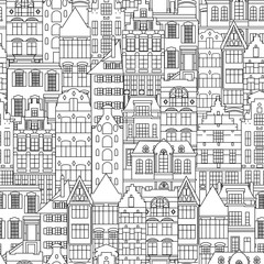 Seamless pattern of Holland old houses facades. Traditional architecture of Netherlands. Line style black and white vector isolated illustrations in the Dutch style. For coloring, design, background.