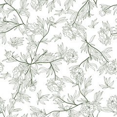 Monochrome seamless pattern with Peony flowers