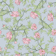 Seamless pattern with peonies and green leaves on a blue background.