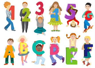 Kids alphabet vector children with cartoon font and boy or girl character holding alphabetic letter or number illustration alphabetically set of abc childish lettering isolated on white background