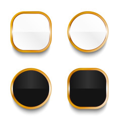 Black and white glossy buttons with gold elements isolated on white background.