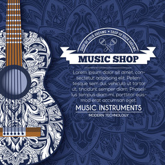 Abstract retro music guitar on blue floral background of the ornament concept. Art decorative, Islam, arabic, indian, ottoman motifs, elements. Vector modern greeting card or invitation design.