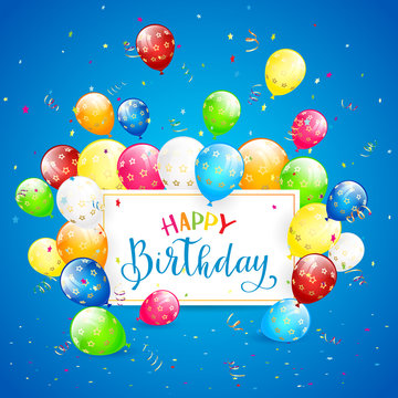 Balloons and tinsel on blue holiday background and text Happy Birthday
