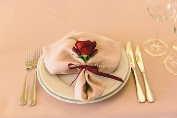  transparent landing cards for guests on a plate with a rose