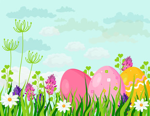 Fototapeta na wymiar Happy Easter eggs card Vector holiday green background illustration