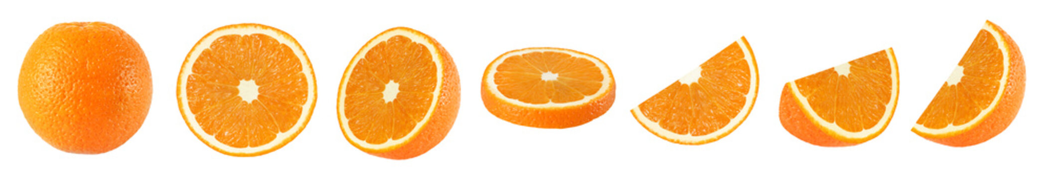 Collection of whole and sliced orange fruits on white background isolated with clipping path