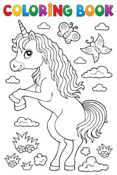 Coloring book standing unicorn theme 1