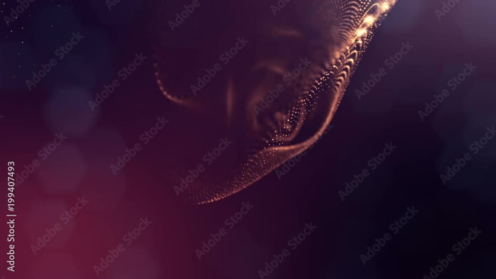 Poster virtual space with depth of field. looped holographic background with particles form lines, surfaces