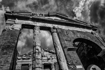 Porticus Octaviae ancient ruins in the historic center of Rome, seen from below (Black and White)