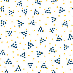 Geometric seamless pattern drawn by hand. Repeated triangles and round dots. Sketch, doodle.