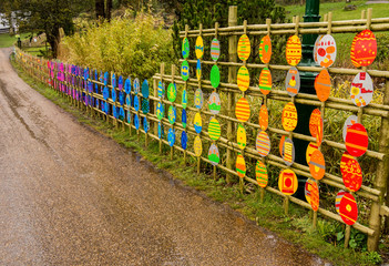 2000 decorated egg shapes, createed by local people to celebrate Easter at Avenham Park, Preston on...