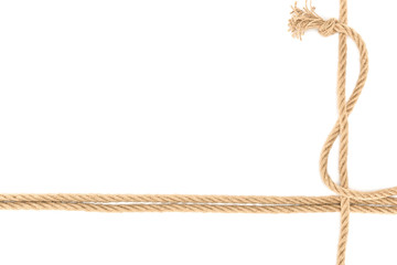 top view of arranged nautical ropes with knot isolated on white