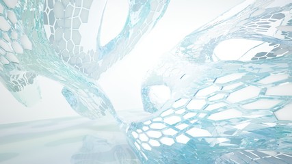 Abstract white and blue water parametric interior with window. 3D illustration and rendering.