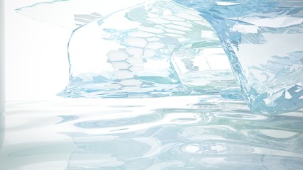 Naklejka premium Abstract white and blue water parametric interior with window. 3D illustration and rendering.