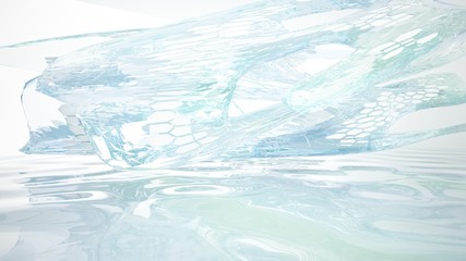 Abstract white and blue water parametric interior with window. 3D illustration and rendering.