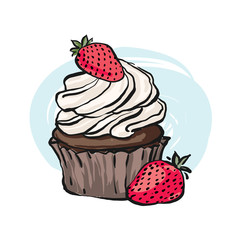 Sweet hand drawn illustration with cupcake and strawberry. 