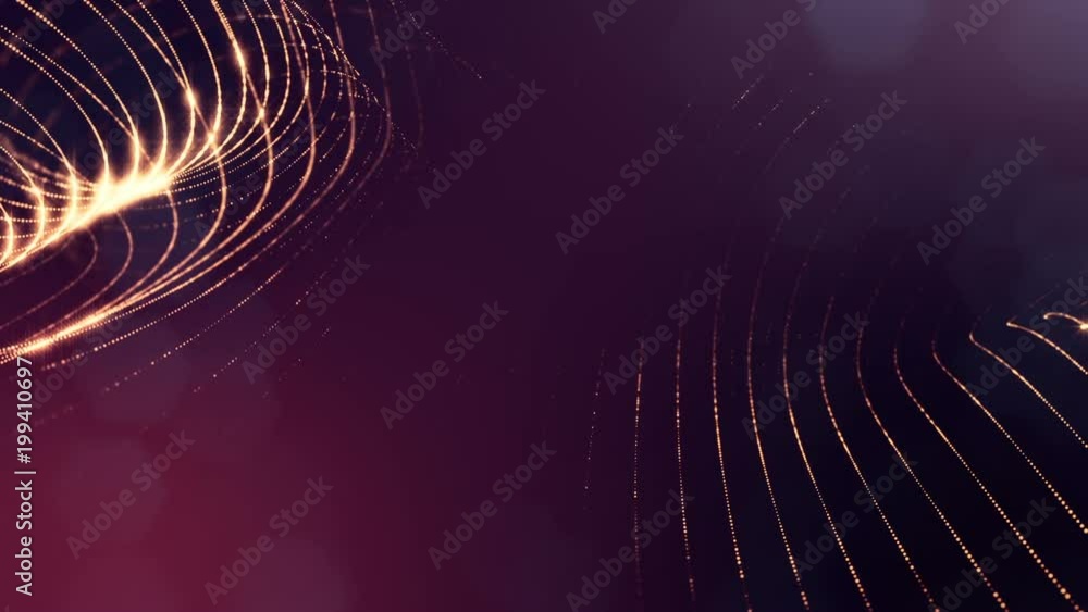 Poster virtual space with depth of field. looped holographic background with particles form lines, surfaces