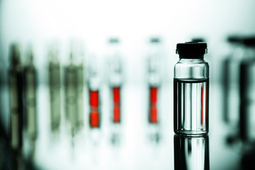 Group object of liquid medicinal agent in limpid glassware in medical laboratory