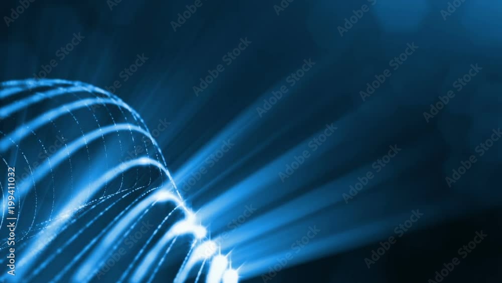 Poster virtual space with depth of field. looped holographic background with particles form lines, surfaces