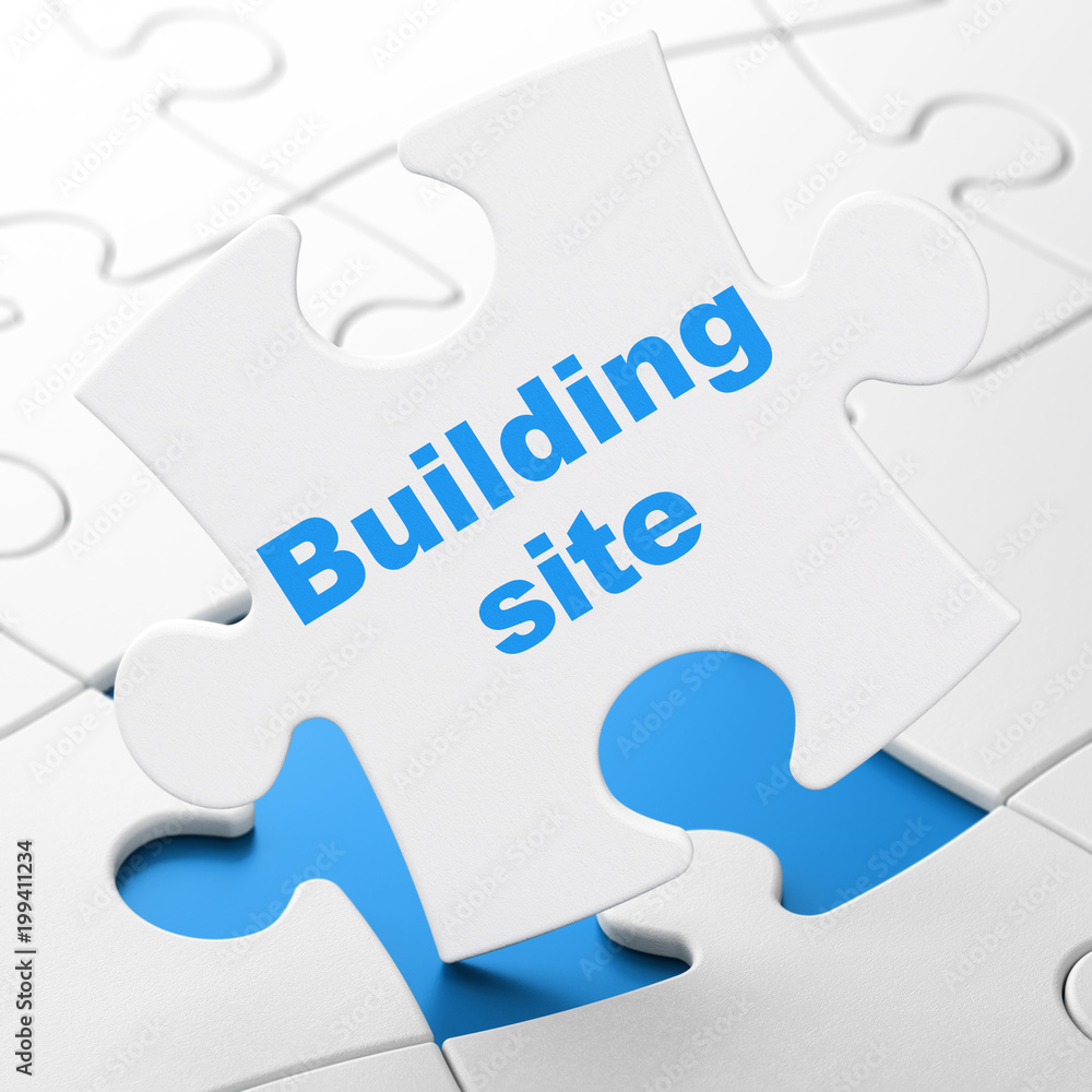 Poster constructing concept: building site on white puzzle pieces background, 3d rendering