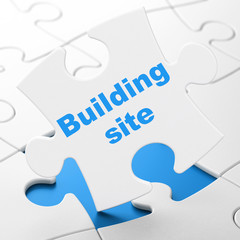 Constructing concept: Building Site on White puzzle pieces background, 3D rendering