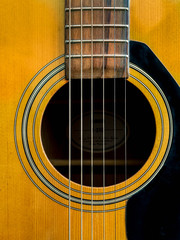 Detail of an acoustic guitar lines strings and curves.Musical instuments close up.