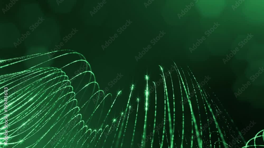 Poster virtual space with depth of field. looped holographic background with particles form lines, surfaces