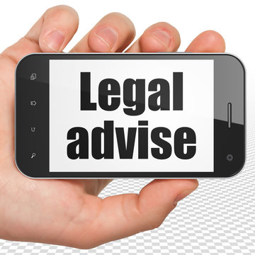 Law concept: Hand Holding Smartphone with black text Legal Advise on display, 3D rendering