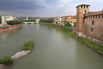 Fototapeta na wymiar Verona, Italy - historic city center with Castello Castelvecchio Castle of the Della Scala family and Ponte della Vittoria bridge over the Adige river