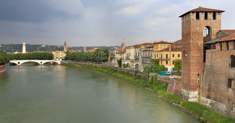 Verona, Italy - historic city center with Castello Castelvecchio Castle of the Della Scala family and Ponte della Vittoria bridge over the Adige river