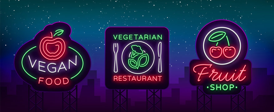 Vegan set of logos in a neon style. Collection of neon signs, a bright luminous sign, neon advertising on the theme of Vegetarian food, healthy orginal food, vegetables, fruits. Vector illustration
