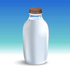 White glossy plastic bottle with screw cap for dairy products milk, drink yogurt, cream, dessert. Realistic packaging mockup template. Front view. Vector illustration.