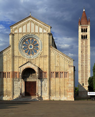 Verona, Italy - historic city center - external view of Basilica of Saint Zeno with church tower