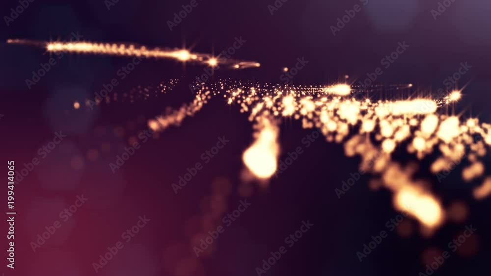 Poster virtual space with depth of field. looped holographic background with particles form lines, surfaces