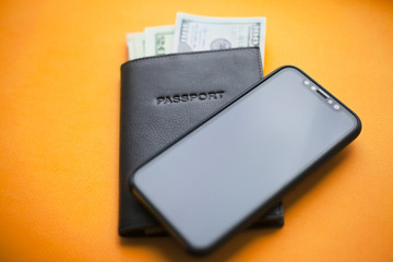 Travel concept. Passport, phone and music for your amazing travel. Top view. Space for your text.