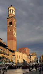 Verona, Italy - historic city center - Torre dei Lamberti Tower at the Piazza Erbe Square