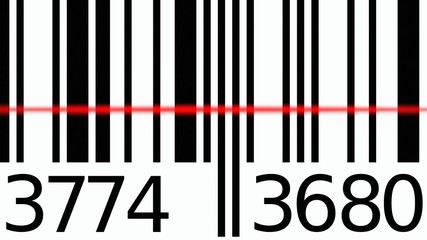 Detailed (near macro) scanning of a barcode in slow motion, the red scanline light reading the bars.
