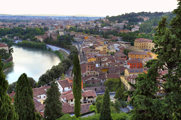 Fototapeta na wymiar Verona, Italy - Panoramic view of the Verona historical city center and Adige river