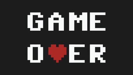 A cute gentle Game Over text message on a computer screen, 8 bit blocky characters with a red heart replacing a letter. Retro vintage old-time good-times flavor.
